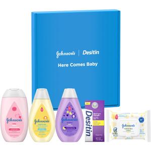 Johnson's Baby Here Comes Baby Gift Set, Baby Essentials for New Parents with Moisturizing Lotion, Bedtime Bath, Body Wash & Shampoo, Hand & Face Wipes, & Diaper Rash Cream, 5 Items