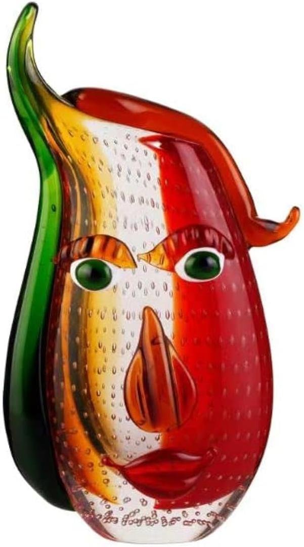 Yao Yuan Murano-Style Art Glass Vase with a Face - 12.6" Tall Mouth-Blown Artistic Sculpture with Vibrant Colors & Accents - Rich Colored Home Dcor
