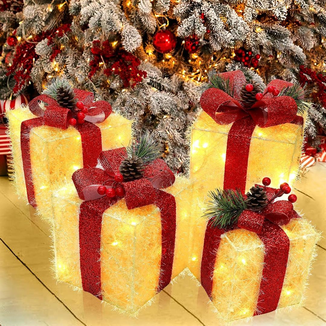 Christmas Decorations Lighted Gift Boxes, Set of 4 Light Up Present Boxes, 80 LED Plug in Lighted Xmas Boxes for Outdoor Indoor Christmas Tree, Yard, Home Decor, 4, Tinsel and Red Ribbon