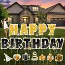 25 Pcs Extra Large 19.7 Inch Happy Birthday Yard Signs with Solar LED Light Black and Gold Birthday Lawn Signs with Metal Stakes Waterproof Outdoor Decorations for Garden Party