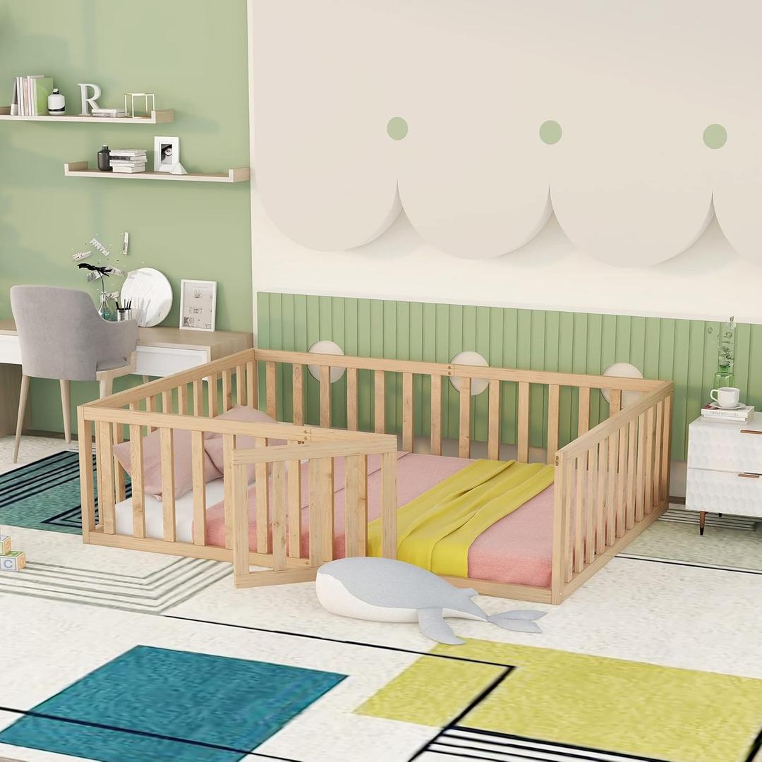 Merax Full Size Wood Floor Bed Frame with Fence and Door (Natural)