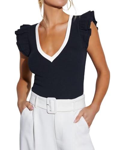 Ezbelle Women's Short Sleeve Ruffle Shirts Sleeveless Tops Knit V Neck Blouse Cropped Tank Sexy Slim Fitted Tops Office Basic Black, Medium