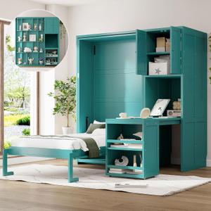 Merax Twin Size Rotating Wall Murphy Beds, Wood Folding Murphy Wall Bed with Bookshelf, Top Cabinet, Extendable Desk & Side Storage, Teal