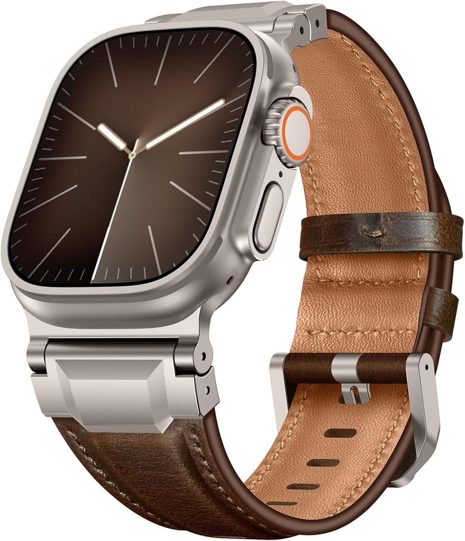 Leather Band Compatible with Apple Watch Ultra 3/2/1 Band 49mm 46mm 45mm 44mm 42mm, Leather Rugged Metal Connector Strap for iWatch Ultra Series 11/10/9/8/7/SE/6/5/4/3/2/1, Dark Brown/Titanium