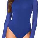LYANER Women's Basic Mock Neck Stretch Sheer Mesh Long Sleeve Bodysuit Leotard Top Royal Blue Large