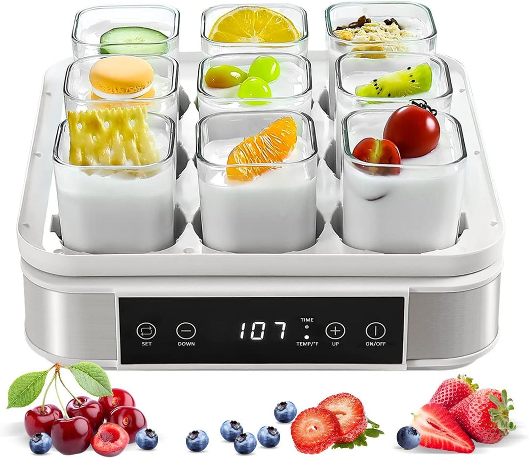 Yogurt Maker, Automatic Digital Yogurt Maker with Adjustable Temperature & Time Control, 9pcs Glass Jars 52 Oz Stainless Steel Yoghurt Maker for Home Organic Yogurt, Cheese Maker, Natto Maker