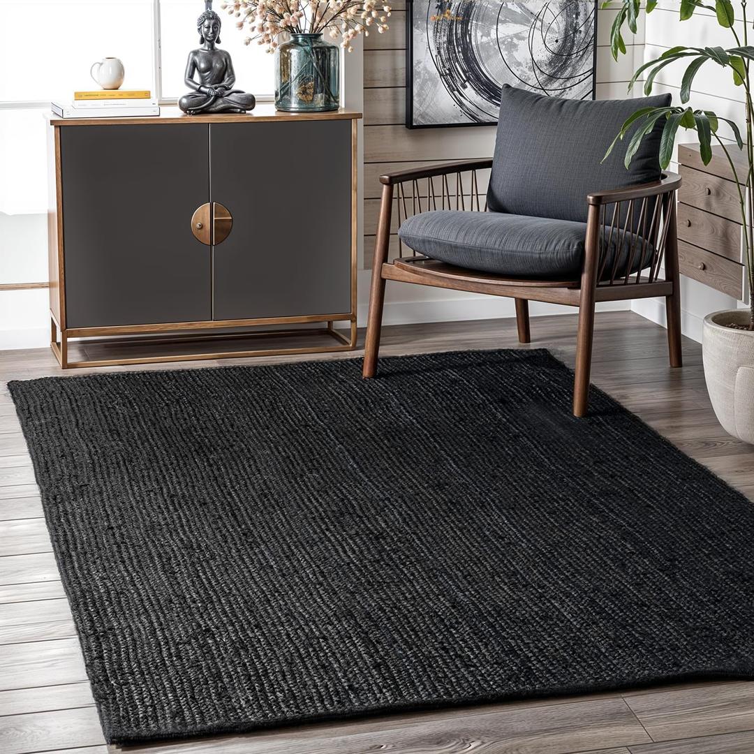 GRUHUM Black Jute Area Rug - 8x10 Feet 100% Natural Handwoven Jute Rustic Vintage Braided Reversible Rectangular Large Carpet- Bedroom Kitchen Living Room Farmhouse Hallways (8' x 10' Black Natural) (10' x 8' (Rectangular))