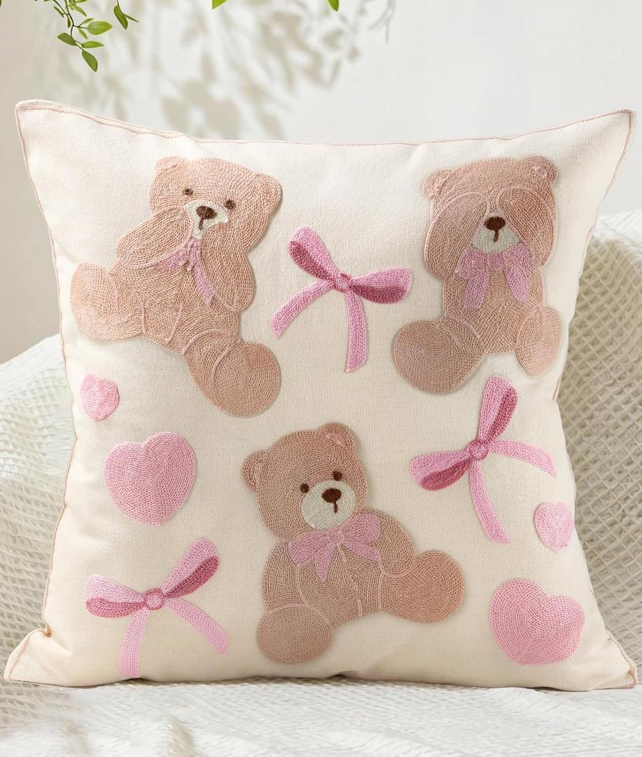 Kokaaee Embroidered Throw Pillow Cover 18x18 Inch  Valentines Decorative Animal Pillow Covers with Zipper for Couch Sofa Bedroom Living Room Cushion Pillowcase, Cute Teddy Bears