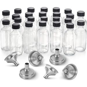 24 Pack, 2 oz Small Clear Glass Bottles w/ Lid & 6 Stainless Steel Funnels - 60ml Boston Sample Bottles - Mini Travel Essential or Decorative Bottles for Potion, Juice, Wellness, Ginger Shots, Whiskey