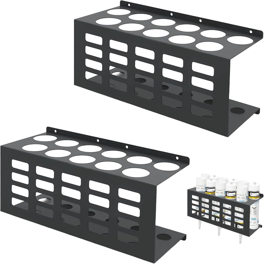 2 Pack Wall Mount Storage Tubes Organizer, Metal Caulk Tube Tray, Grease Silicone Caulking Tube Holder, Sealant Storage Rack, Work Van Organizer For Workshop Garage Holds 11 Tubes (Black)
