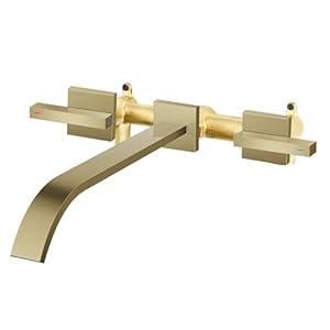 Wall Mount Tub Filler AUU Brushed Gold Bathtub Faucet Long Spout Reach, 2 Level Handles Wall Mount Tub Faucet with Brass Rough in Valve Included