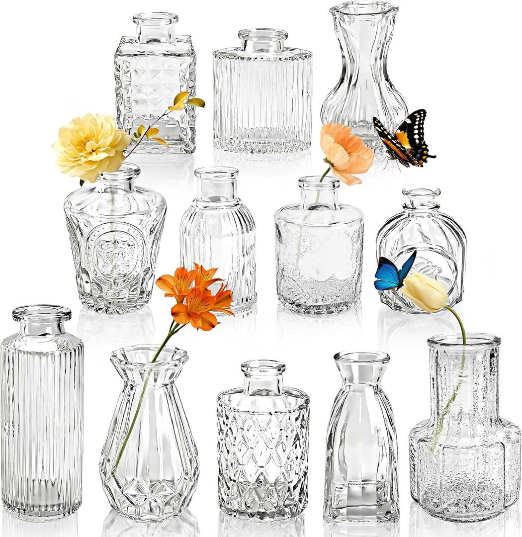 Glass Bud Vases Set of 12, Small Bud Vases for Flowers, Rustic Wedding Centerpieces and Home Decor