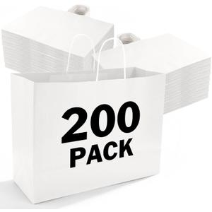 XPCARE 200Pack Large Paper Gift Bags with Handles Bulk,16x6x12 Inch Kraft Bag Packaging White Paper Bags for Birthday Party Boutiques Business Retail Stores Merchandise, 1 count