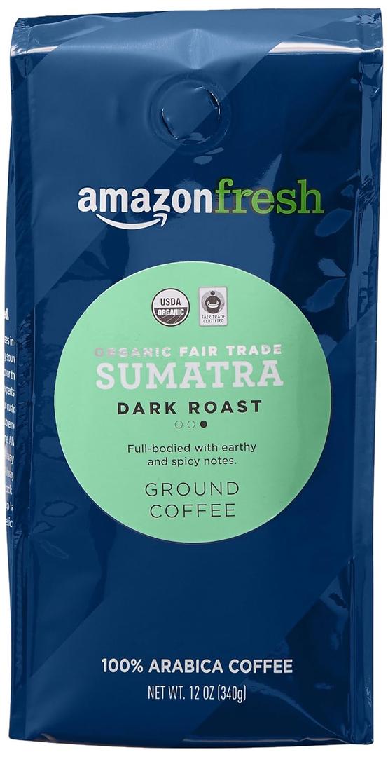 Amazon Fresh Organic Fair Trade Sumatra Ground Coffee, Dark Roast, 12 Ounce