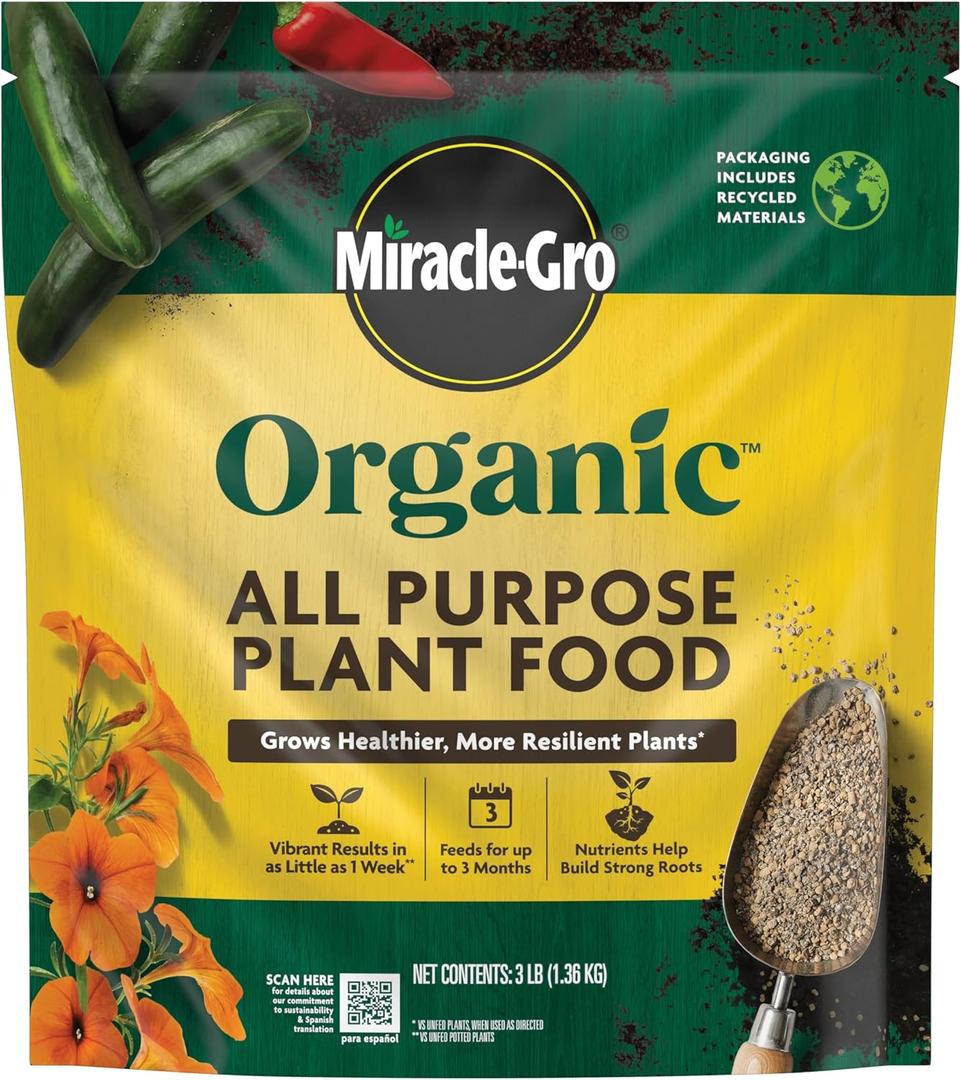 Miracle-Gro Organic All Purpose Plant Food - Garden Fertilizer for Outdoor Vegetables, Flowers, Container and In-Ground Plants, Feeds up to 3 Months, OMRI Listed, 3 lb. (BBD 06/26/26)