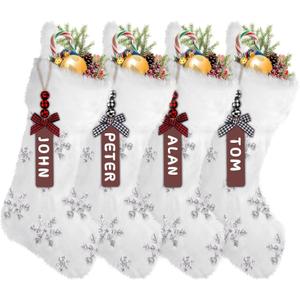 XIMISHOP 4PCS White Christmas Stockings, Large Xmas Glitter Snowflake Plush Hanging Stocking Decoration with Name Tags for Christmas Holiday Family Party Decorations (Silver)