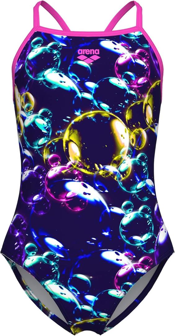 ARENA Girls Feel Soap Bubbles Light Drop Back Athletic One Piece Swimsuit (28, Blue Multi/Shocking Pink)