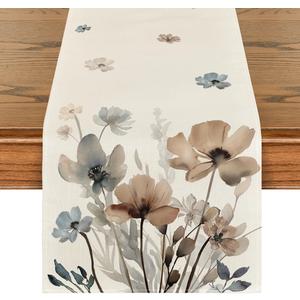 Artoid Mode Brown Poppy Floral Leaves Spring Table Runner, Seasonal Summer Kitchen Dining Table Decoration for Home Party Decor 13x36 Inch