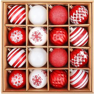 16PCS Christmas Ball Ornaments, 2.36 Inch Red and White Christmas Tree Ornaments with Glittering, Shatterproof Baubles for Christmas Tree Decorations, Wreaths, Garlands