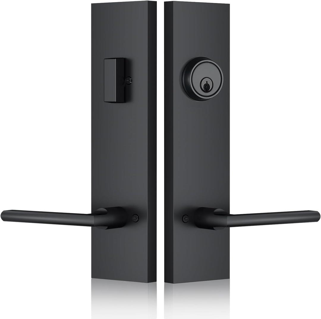 Matte-Black Front Door Handle - Modern Entry Door Lock Set with Deadbolt,Exterior Door Lever 3 Keys for Left & Right Hand Door (Black)