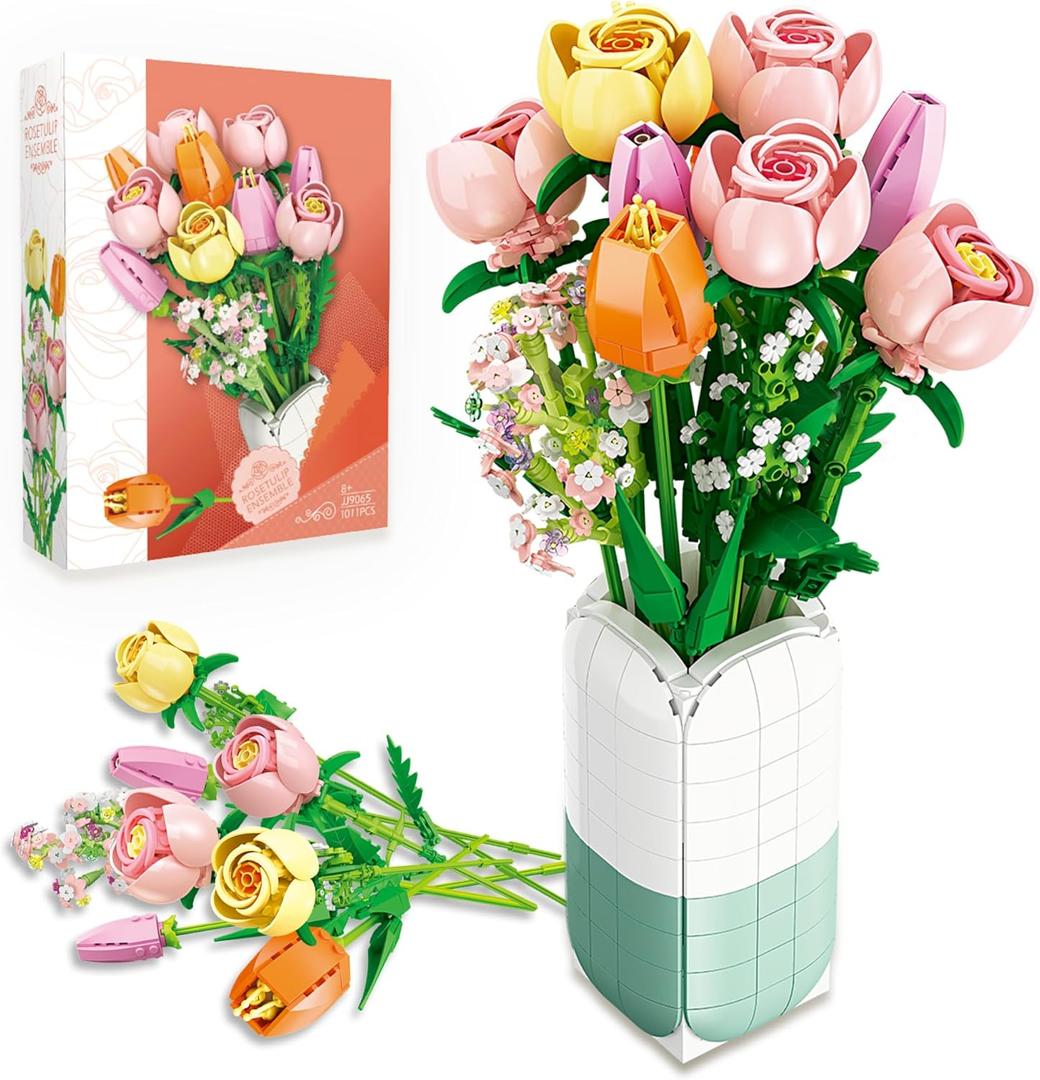 Flowers Bouquet Building Set Tulips Camellia with Vase for Adult -1011pcs (Multicolored)
