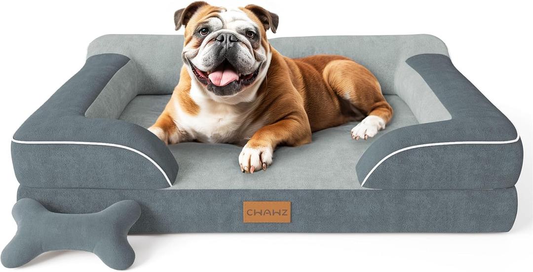 CWAWZ Dog Beds for Large Dogs, Orthopedic Dog Bed with Cooling Gel Memory Foam, Waterproof Large Pet Bed with Removable Washable Cover, 36" Pet Sofa Couch Dutch Velvet with Bone Toy, Dark Gray (35.83in L x 26.77in W x 8.27in Th)