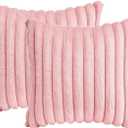 Throw Pillow Covers Decorative Faux Fur Set of 2 18x18 Inch Pillow Covers, Soft Pink Striped Pillowcases for Couch Sofa Bed Living Room, Fluffy Cute Home Boho Accent Fuzzy Decor