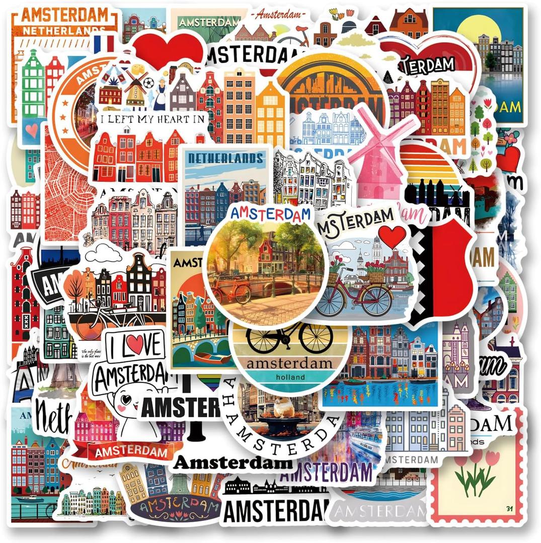 60pcs Amsterdam Stickers Decals PackCute Cartoon Stickers Vinyl Reusable Non-Repeating Waterproof Vinyl Decalsfor Water Bottle Phone Laptop Guitar Scrapbook Skateboard Luggage