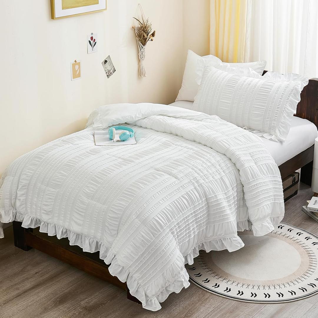 WONGS BEDDING Comforter Full Size, White Ruffle Comforter for Dorm Room Essentials for Full Bed, Soft Seersucker Textured Bedding Set Full Size Comforter Sets for Girls 90"78"