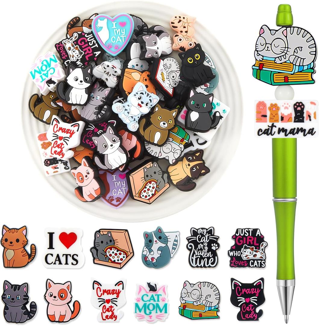 Silipull 40 Pcs Cat Silicone Focal Beads for Pens Silicone Beads Bulk for Keychain Making DIY Gift Necklace Bracelet Jewelry