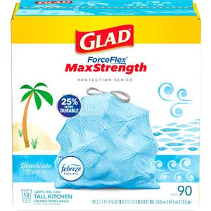 Glad ForceFlex MaxStrength Tall Kitchen Trash Bags, 13 Gal, Beachside Breeze, 90 Ct, Pack May Vary