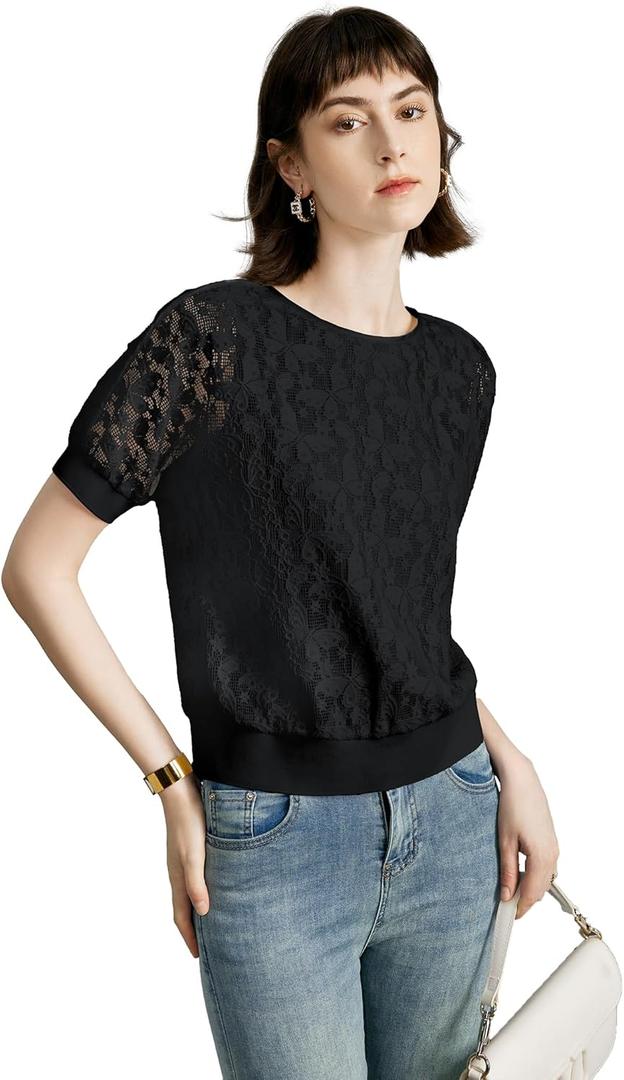 Women's Lace Pattern Round Neck Tops - Semi-Sheer Short Sleeve Tee, Embroidered Summer Blouse (XX-Large, Black)