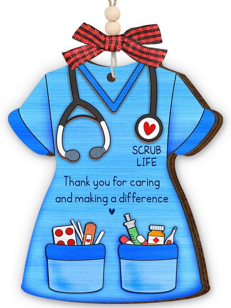 4 x Nurse Ornaments for Christmas Tree, Meaningful Wooden Nurse Scrub Life Ornament, Unique Nursing Graduation Gifts for Practitioner Instructor Students Women, Christmas Coworker Gift
