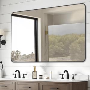 30" x 48" Bathroom Mirror, Matte Black Wall Mirror with Metal Frame, Decorative Rectangular Vanity Mirror for Bedroom Bathroom Living Room Entryway (Horizontal/Vertical) (Rounded Corner)