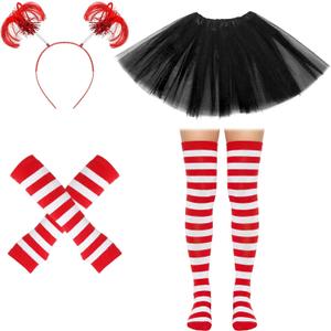 4PCS Women's Tutus Costume Set Tutus Skirt Striped Socks Thumb Hole Gloves Headband for Adult Halloween Cosplay