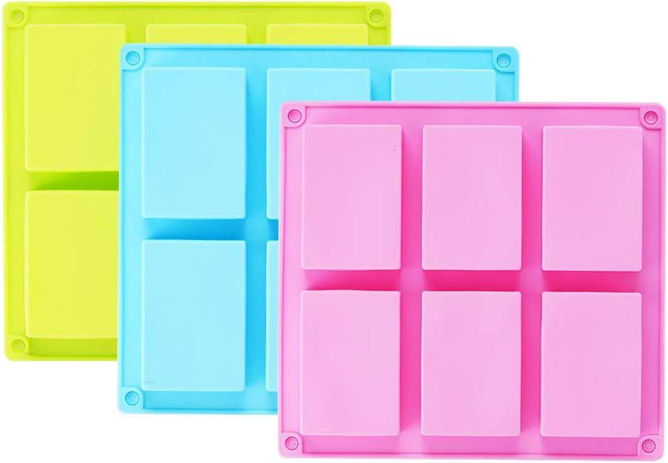 TDHDIKE 3 Pack Silicone Soap Molds(Blue & Pink & Green), 6 Cavities Silicone Baking Mold DIY Handmade Soap Making, Muffin, Loaf, Brownie, Cornbread and More