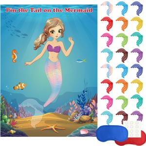 FEPITO Mermaid Party Supplies Pin The Tail on The Mermaid Party Game with 24Pcs Tail Stickers for Kids Birthday Party