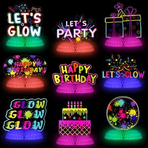 9 Pcs Real Glow in Dark Party Supplies, Glow Under UV Black Light Reflective Ink Printing Neon Honeycomb Birthday Decorations Neon Table Centerpieces Table Party Favor Decorations