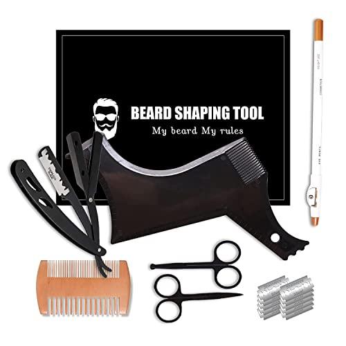 Beard Shaper, Beard Shaping Tools, Include Beard Template Guide, Professional Straight Edge Razor, 10 Count of Double Edge Blade, Barber Pencil, Beard Comb, 2 Stainless Steel Scissors