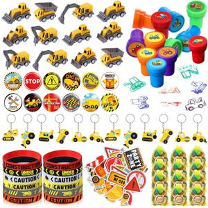 Capoda 122 Pcs Construction Party Favors Construction Theme Birthday Party Supplies Mini Truck Vehicles Toy Rubber Bracelet Keychain Stamper Button Pin Truck Stickers Bags for Birthday Gift