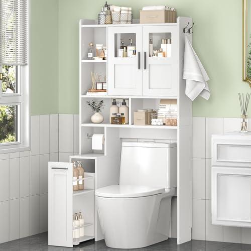ELYKEN Over The Toilet Storage Cabinet with Acrylic Doors & Pulley, White | Pull-Out Cabinet, Toilet Paper Holder, Side Hooks, Adjustable Shelf, Anti-Tipping, Space-Saving Bathroom Storage Cabinet