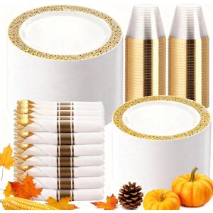 WELLIFE 50 Guests Dinnerware Sets, Gold Plastic PlatesPlatos Para Fiestas Elegantes Desechables Include:50 Dinner Plates, 50 Dessert Plate, 150 Pcs Gold Plastic Silverware, 50 Cups for Party