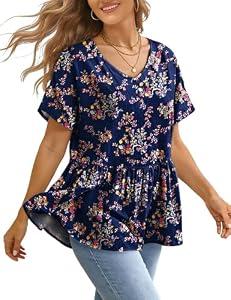 YESNO Women's Summer Tops Casual V Neck Babydoll Blouses Floral Short Sleeve Peplum Shirts 2XL TH2 CR030