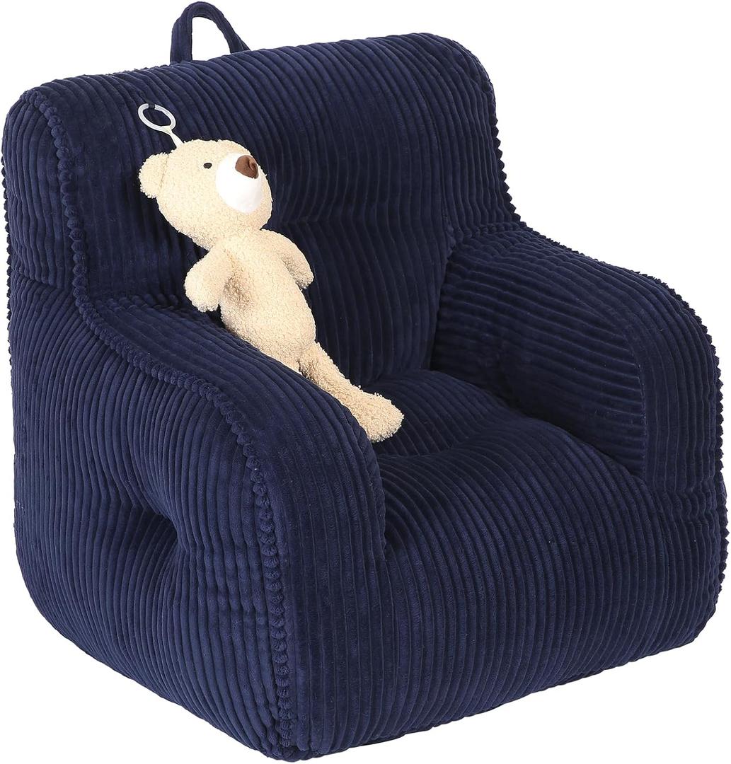Kids Bean Bag Chair with a Plush Bear, Comfy Toddler Chair for Boys and Girls, Dark Blue (23.62 inches x 23.62 inches x 21.2 inches)