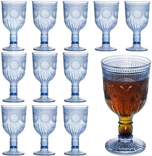 12 Pack Vintage Wine Glasses, Plastic Reusable 12 Ounce Colored Water Goblets, Unique Flower Embossed Pattern Unbreakable Stemmed Wine Glasses High Clear Wedding Party Bar Drinking Cups Blue
