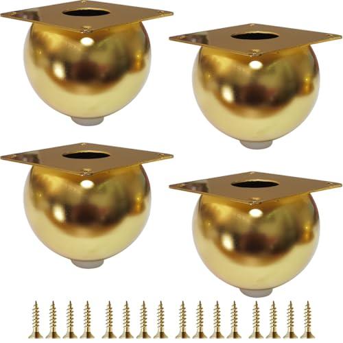 Jaswass Golden Furniture Legs 3 Inch, Heavy Duty Metal Round Ball Shape Sofa/Table Legs Set of 4, Golden Plated Steel Feet with Rubber Pads for DIY Cabinets, Bed, Couch, Coffee Table (Gold)