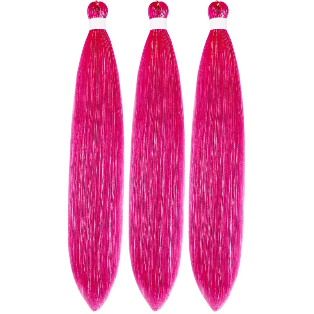 Tinsel Braiding Hair Pre stretched Meganta Pink Braiding Hair for Glitter Braids Festival Braids (30 Inch-Packs of 3, Magenta Mix Tinsel)