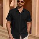 Alimens & Gentle Mens Short Sleeve Cotton Linen Texture Shirt Casual Untucked Button Down Lightweight Shirts Summer Beach (Black, XL)