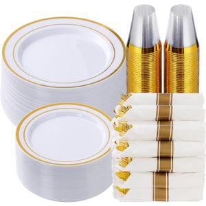 Goodluck 350 Piece Gold Plastic Dinnerware Set for 50 Guests, Fancy Disposable Plates for Party, Include: 50 Dinner Plates, 50 Dessert Plates, 50 Pre Rolled Napkins with Silverware, 50 Cups