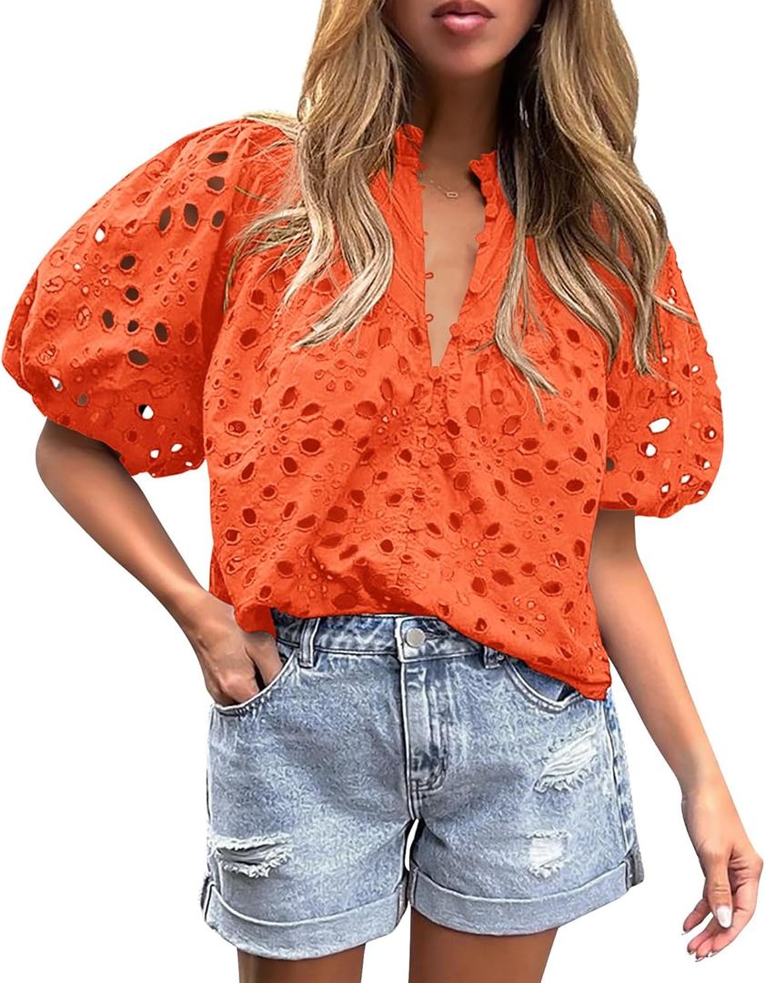 PRETTYGARDEN Women's Summer Tops 2025 Dressy Casual Short Sleeve V Neck Buttons Hollow Out Lace Embroidered Blouses Shirts (Orange)